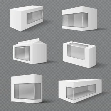 White product packaging boxes. Gift packages with transparent window. Vector Illustrazione stock