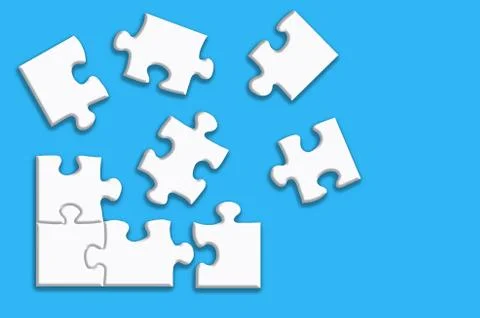 White puzzle with shadows on a blue background. Stock Illustration