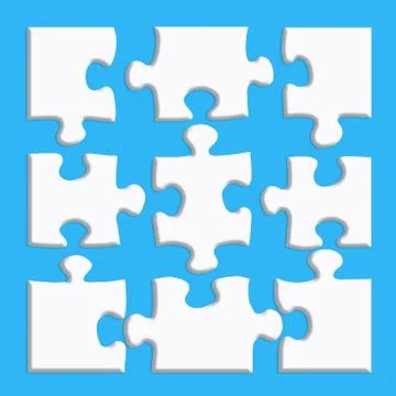 White puzzle with shadows on a blue background. Stock Illustration