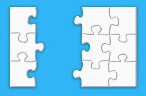White puzzle with shadows on a blue background. Stock Illustration