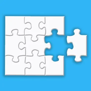 White puzzle with shadows on a blue background. Stock Illustration