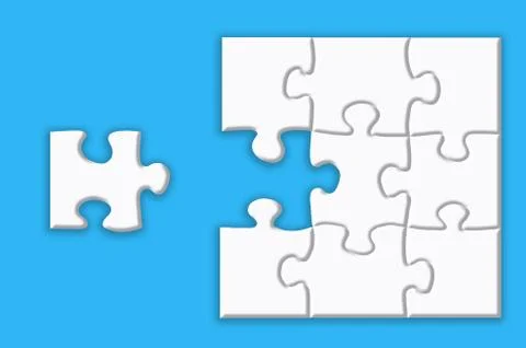 White puzzle with shadows on a blue background. Stock Illustration