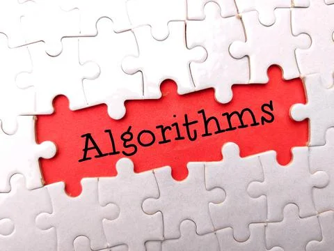 White puzzle with text Algorithms on a red background. Stock Photos