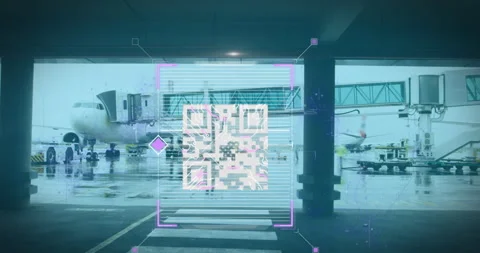 White QR code over fast motion people walking on the airport Stock Footage 142215723