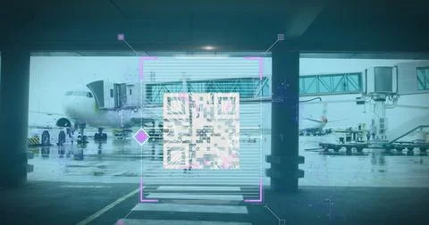 White QR code over fast motion people walking on the airport Stock Photos