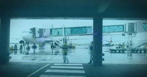 White QR code over fast motion people walking on the airport Foto stock