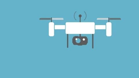 White quadcopter with twirled propellers on blue background with digital camera. Stock Footage 148366619
