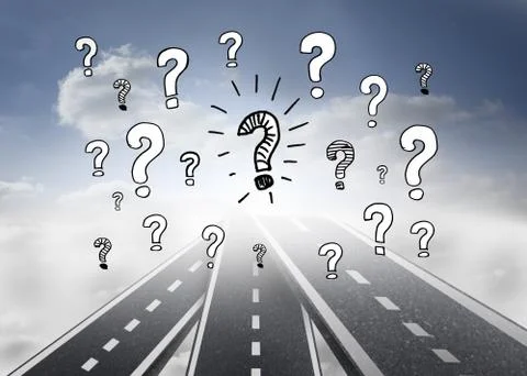 White question marks over streets in sky Ilustração Stock