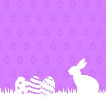 White rabbit and Easter eggs in a grass on a purple patterned background Stock Illustration