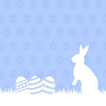 White rabbit and Easter eggs in a grass on a blue patterned background Stock Illustration