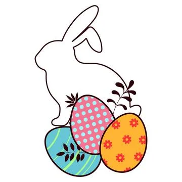 White rabbit and three beautifully painted Easter eggs Stock Illustration