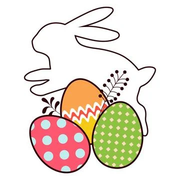 White rabbit and three painted beautiful Easter eggs Stock Illustration