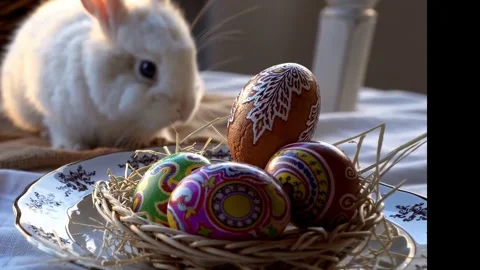 White rabbit approaches cup with festive painted eggs 動画素材 314780981