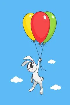 White rabbit with balloons on a blue background. Stock Illustration
