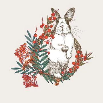 White rabbit with black spots around the eyes. Chinese New Stock Illustration