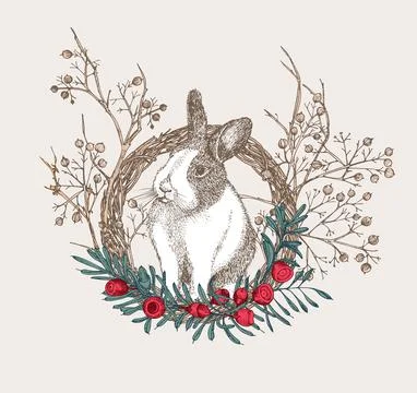 White rabbit with black spots around the eyes. Chinese New Stock Illustration