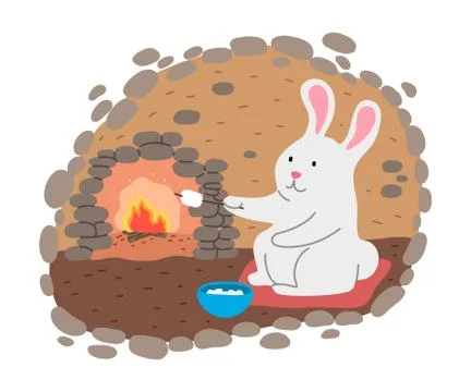 White rabbit grilling marshmallows on fire in his cosy burrow Stock Illustration