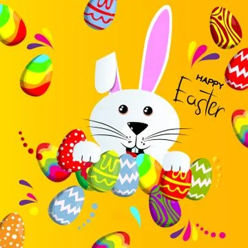 White rabbit, Happy Easter text and Easter eggs. Vector cartoon character ill Stockillustratie