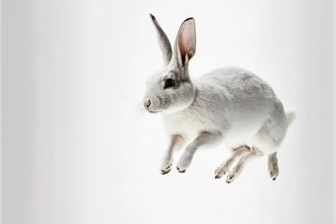 White rabbit jump on white background, full body with free space, Made by A.. Stock Illustration
