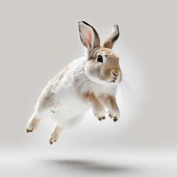 White rabbit jump on white background, full body with free space, Made by A.. Illustrazione stock