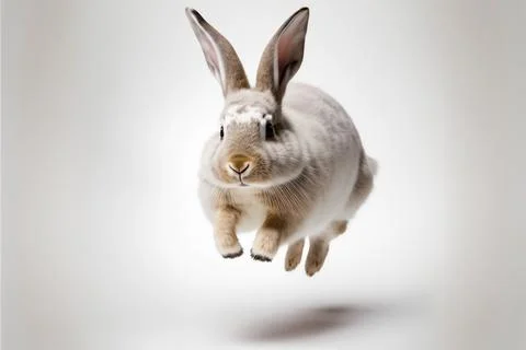 White rabbit jump on white background, full body with free space, Made by A.. Stock Illustration