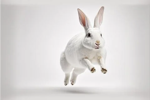 White rabbit jump on white background, full body with free space, Made by A.. Stock Illustration