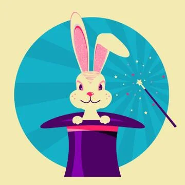 White rabbit in magical hat.Vector label of magic show Stock Illustration