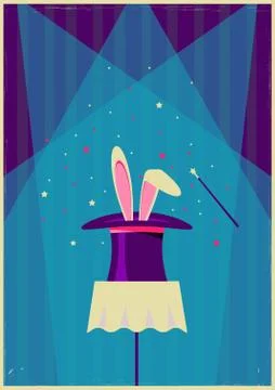 White rabbit in magical hat.Vector old poster of magic show Stock Illustration