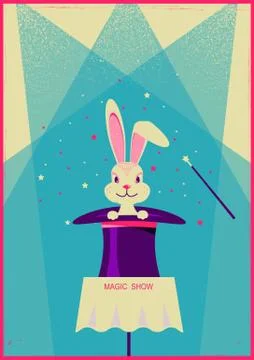 White rabbit in magical hat.Vector poster of magic show Stock Illustration