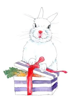 A white rabbit opening a gift box full of carrots Ilustração Stock