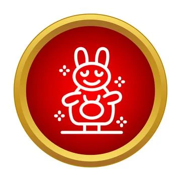 White rabbit outline smiling in red circle icon Stock Illustration