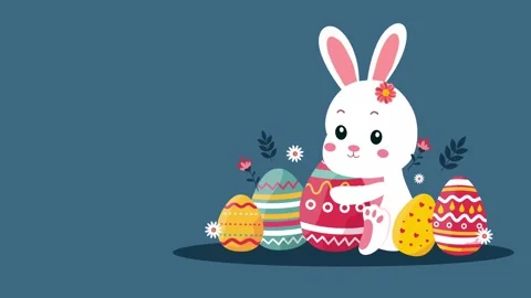 White rabbit with pile of colorful easter eggs on blue background Stock Footage 327518164