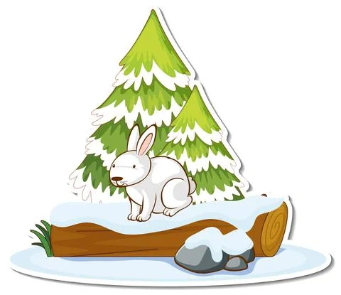 A white rabbit with pine tree covered with snow sticker Stock Illustration