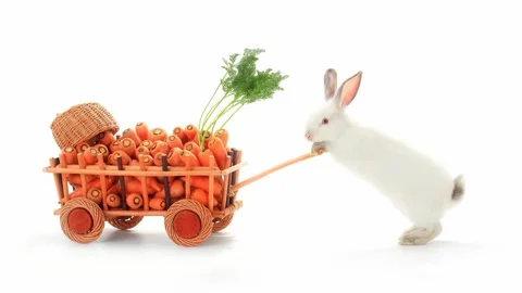 White rabbit pulling wooden cart full of fresh carrots. Animated cinemagraph, Stock Footage 331361600