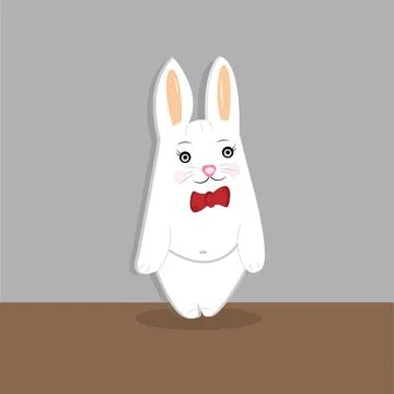 A white rabbit with a red bow stands against a blue wall in a cartoon style イラスト素材