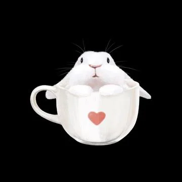 White rabbit sits in a cup. drawn cute bunny for valentine's day. Stock Illustration