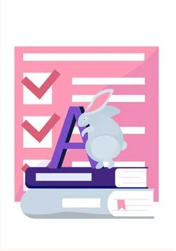 White rabbit sitting on the stack of books with big letter flat style junior Stockillustratie