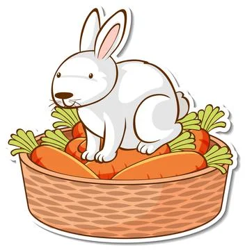 A white rabbit sitting on vegetable basket sticker Stock Illustration
