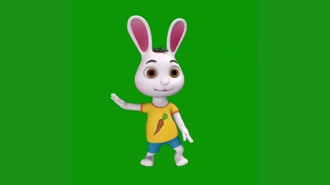 White rabbit standing front green background yellow shirt blue shorts green Stock Footage 314064846