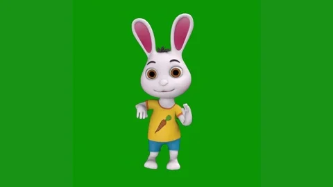 White rabbit standing front green background green screen animated chromakey Stock Footage 314064849