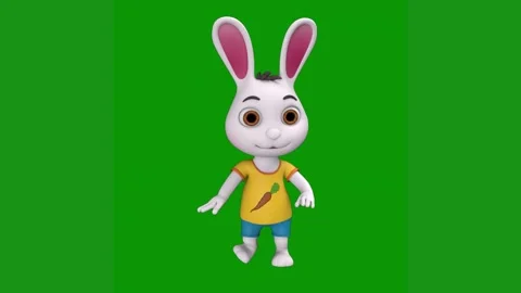 White rabbit standing front green background yellow shirt blue shorts green Video stock 314064850