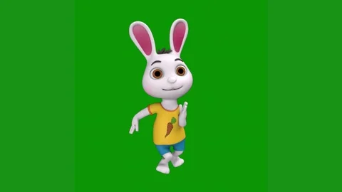 White rabbit standing front green background green screen animated chromakey Stock Footage 314064853