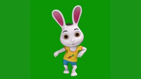 White rabbit standing front green background yellow shirt blue shorts green Stock Footage 314064856