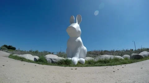 White rabbit statue stands guard on a bike path Stock Footage 67614693