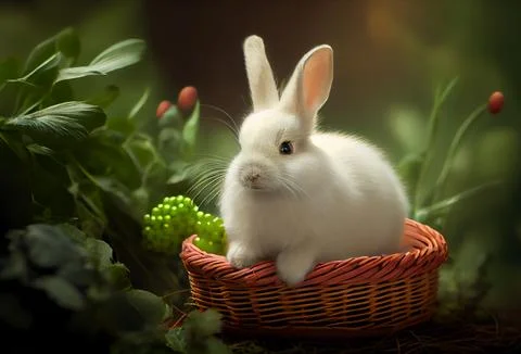 White rabbit in a wicker basket in a clearing. Stock Illustration