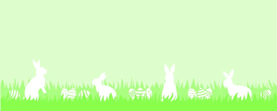 White rabbits and Easter eggs in green grass on a light green background Stock Illustration