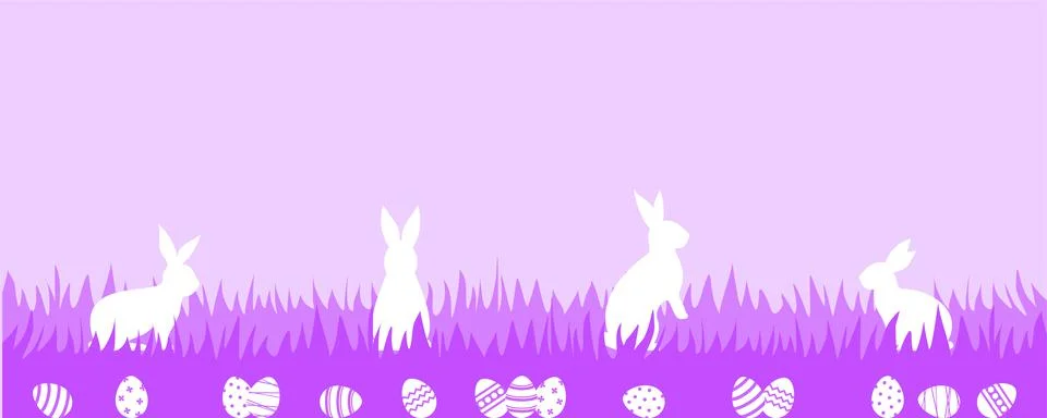 White rabbits and Easter eggs in purple grass on a light purple background Stock Illustration