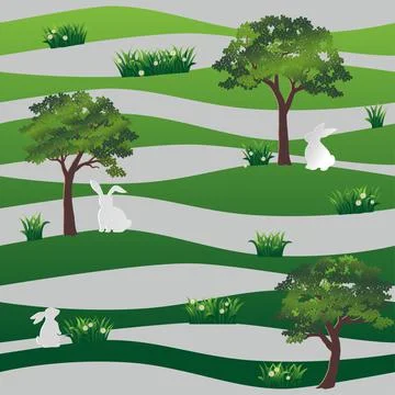 White rabbits in the meadow seamless pattern on green wavy background for hap Stock Illustration