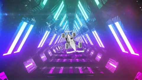 White racer accelerating in neon tunnel, pulsing lights causing reflections and Stock Footage 338356359
