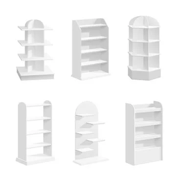 White racks. Empty shop displays, supermarket modern 3d equipment. Realistic Stock Illustration